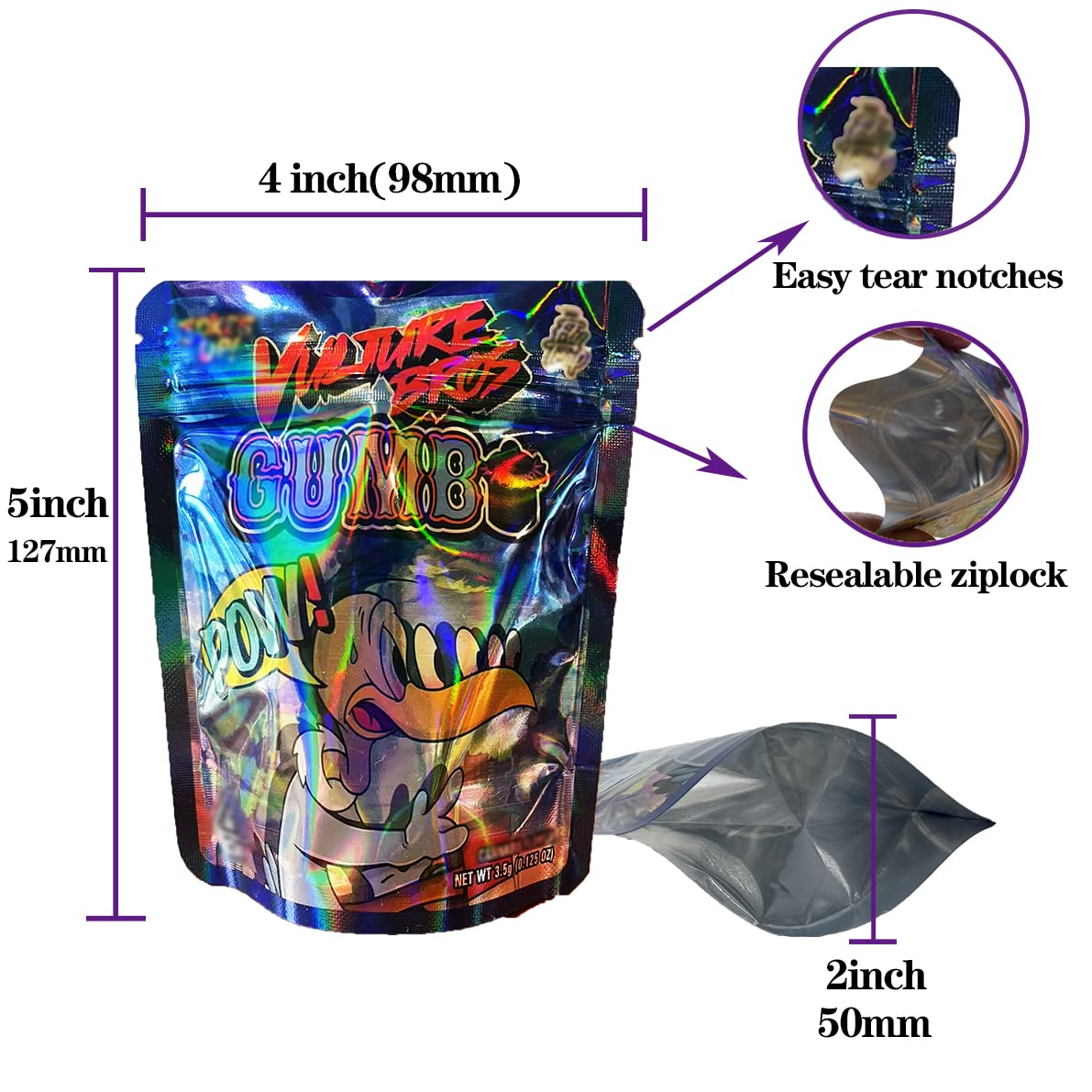 Estilo personalizado Holographic Foil Rainbow Color Pouch Smell Proof Packaging Mylar Bags